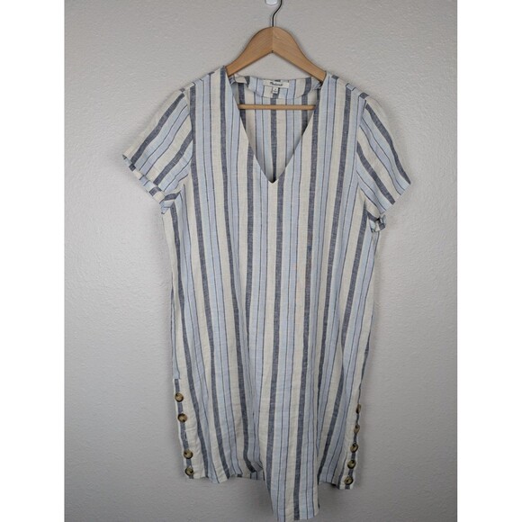 Madewell Dress Womens Medium Blue White Stripe Linen Button Side Short Sleeve - Picture 1 of 8